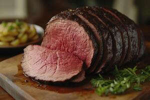 Sliced Roasted Beef On Wooden Cutting Board photo
