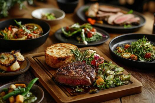 A table with various dishes of food on it photo