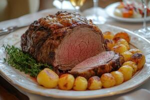 Roasted Beef Dinner With Roasted Potatoes And Thyme photo