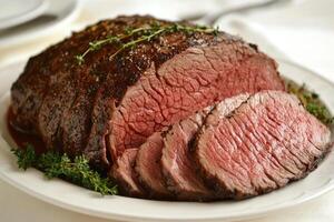 Roasted Beef Slices Garnished With Fresh Thyme photo