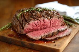 Sliced Rosemary Roasted Beef on Wooden Board photo