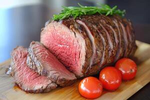 A steak on a cutting board with tomatoes and herbs photo