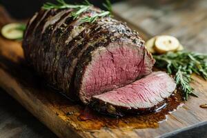 Rosemary Roasted Beef Tenderloin Slices on Wood photo