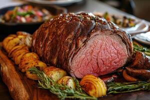 Roasted Beef with Potatoes and Rosemary Garnish photo