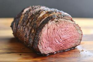 Sliced Roasted Beef Tenderloin On Wooden Board photo
