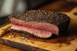 Sliced Smoked Beef Brisket Seasoned With Pepper photo