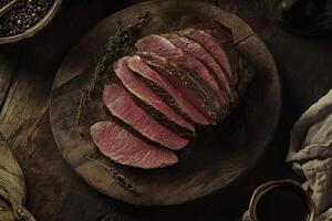 Sliced Roasted Beef on Wooden Board with Herbs photo