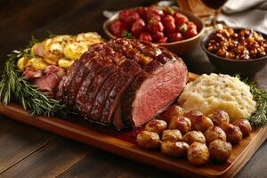 Roasted Beef Dinner with Potatoes Mashed Potatoes and Roasted Vegetables photo