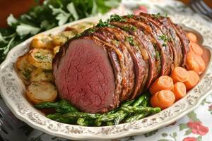 Roasted Beef Dinner with Potatoes Asparagus and Carrots photo