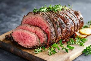 Sliced Roasted Beef Tenderloin Herb Garnish photo