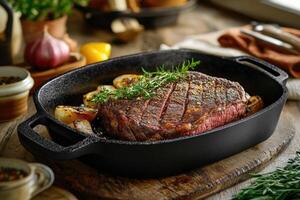 Sliced Grilled Steak in Cast Iron Pan with Onions and Herbs photo