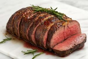 Roasted Beef Tenderloin Slices Rosemary Garnish photo