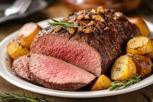 Roasted Beef Tenderloin Slices with Roasted Potatoes and Rosemary photo