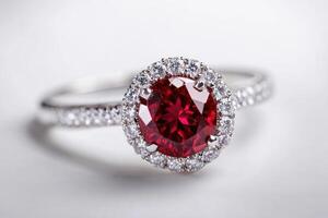Elegant Diamond Ring Featuring A Vivid Red Ruby photo