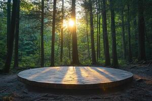 Sunrise Illuminates Stone Platform in Forest Clearing photo