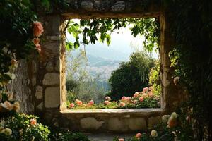 Stone Framed Window Reveals Scenic Rose Garden View photo