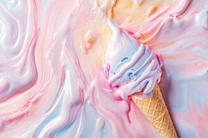 Melted Pastel Ice Cream Cone Swirled In Cream photo