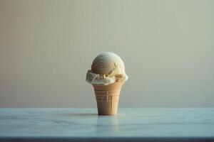 A Single Scoop Of Vanilla Ice Cream In A Cone photo
