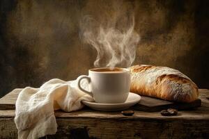 Steaming Coffee Cup Bread Rustic Still Life photo