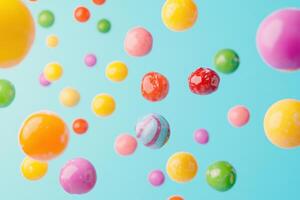 Colorful Gumballs Falling Against A Light Blue Background photo