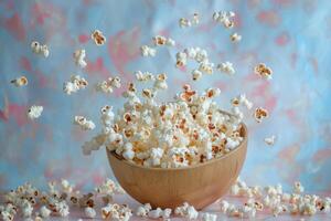 A Wooden Bowl Filled With Popcorn Flying In The Air photo