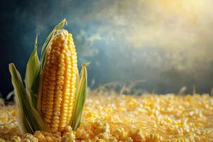 Golden Corn Cob Resting on Harvested Kernels photo