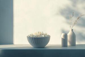 A bowl of popcorn sits on a shelf with vases photo