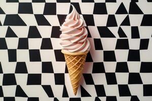 Pink Ice Cream Cone on Checkered Background photo