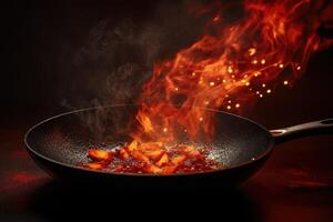 Fiery Flames Enveloping Food in a Pan photo