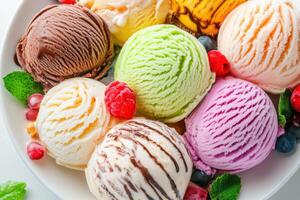 Assorted Ice Cream Scoops With Berries And Mint photo