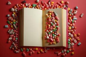 Open book overflowing with colorful assorted candies photo