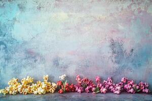 Popcorn and Flowers Against Textured Wall Background photo