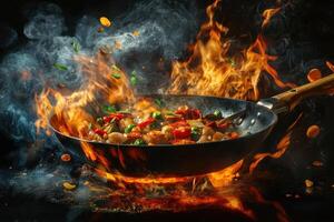 Flaming Wok Stir Fry Vegetable Dish Preparation photo