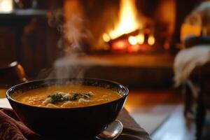 Steaming hot soup bowl near cozy fireplace photo