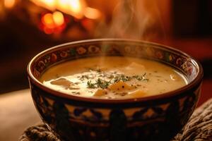 Steaming Potato Soup By A Cozy Fireplace photo
