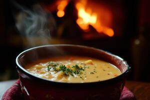 Steaming Bowl Of Creamy Soup Near Fireplace photo
