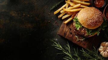 hamburger with fries on a wooden board against a dark background, with space for text and elements of garlic photo
