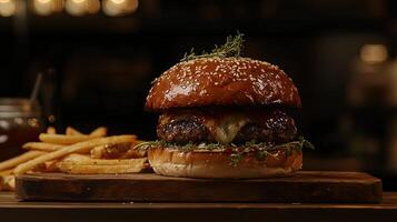 hamburger with fries on a wooden board against a dark background, with space for text and elements of garlic photo