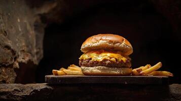 A hamburger with cheese and fries on a wooden board, against a dark background with space for text photo