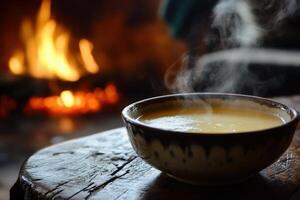 Steaming Soup Bowl Near Cozy Fireplace photo