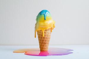 Rainbow Ice Cream Cone Melts Into Colorful Puddle photo