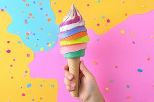 Rainbow Ice Cream Cone Held In A Hand photo