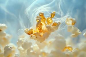 Popcorn kernels floating in ethereal smoke photo
