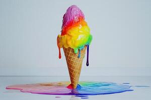 Rainbow Ice Cream Cone Melts Into Colorful Puddle photo