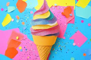 Rainbow Glitter Ice Cream Cone On Colorful Background photo