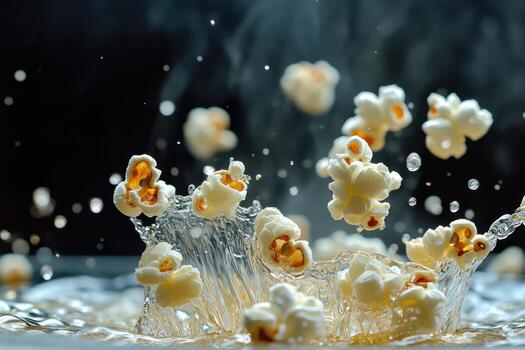 Popcorn kernels splashing in buttery liquid photo