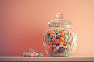 Colorful Candies In A Glass Candy Jar On A Shelf photo