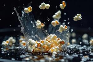 Popcorn Kernels Splashing Into Liquid Delight photo