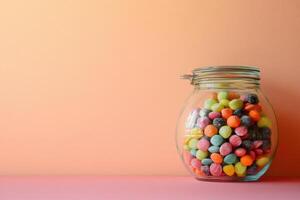 Colorful Candies In A Glass Jar On Pink Surface photo