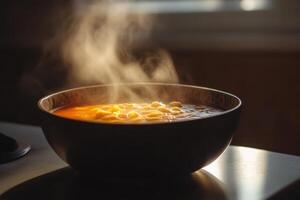 Steaming Bowl Of Soup With Pasta Inside photo